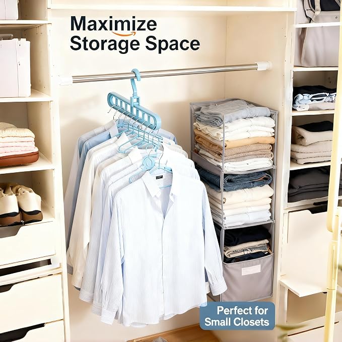 9 Space-Saving Hangers Heavy-Duty PP Plastic Tiered Hanger Organizer with Non-Slip Foldable Design, for Closet (Blue, 10)