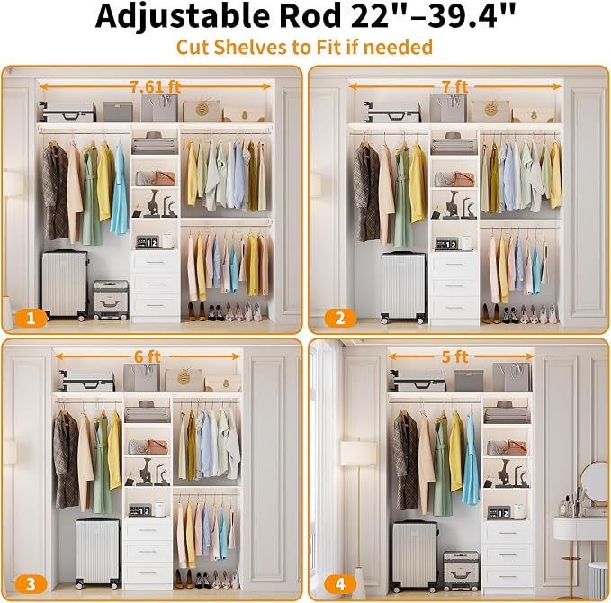 Closet System with 3 Drawers, 5FT-8FT Closet Organizer System Walk in Wooden Closet Storage System with Shelves Expandable Hanging Rods Built-in Closet Corner Wall Mount, White