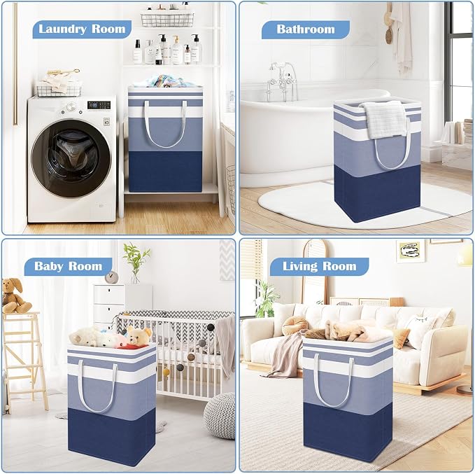 BlissTotes 3-Pack Laundry Basket, Freestanding＆Waterproof Laundry Hamper, Collapsible Tall Clothes Hamper with Easy Carry Handles for Clothes, Towels in the Family and Dorm,Gradient Blue,125L