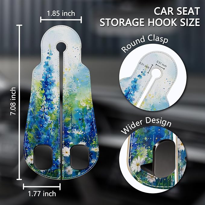 Blusabaca 2PCS Car Seat Headrest Hooks, Purses Bags Holder, Floral Blue | PU Leather, Double Metal Back Storage Hangers for Grocery Bags Handbags Bottles Coats Phones, Car Accessories Organization