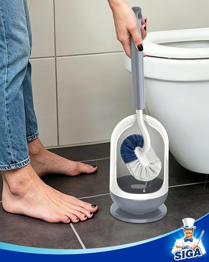 MR.SIGA Toilet Bowl Brush with Curved Design for Under Rim Deep Cleaning | Non scratch bristles easily clean hard to reach areas, 16.2 inch/41.1 cm long handle, semi-open ventilated base for quick dry