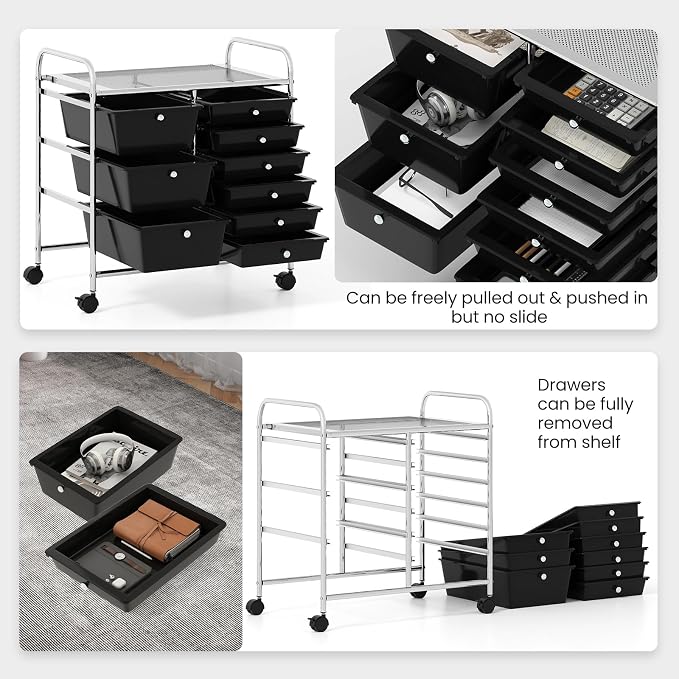 Moccha 9-Drawer Rolling Storage Cart - Under Desk Storage Drawers with wheels for Craft Art Supply Paper Salon, Scrapbook Paper Tools, Mobile Utility Cart for Classroom, Black