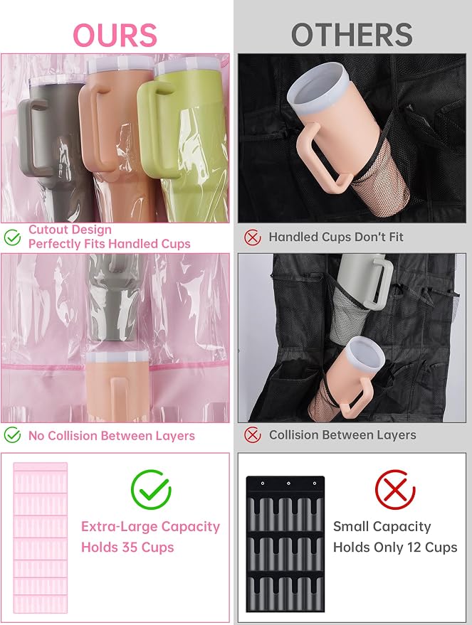 NiHome 35-Pocket Door Hanging Cup Organizer Fit for Stanley Tumbler 30 40oz | Large Capacity Over the Door Water Bottle Storage with Nano Tape, Waterproof Oxford Fabric, U-Shaped Handle Slots (Pink)