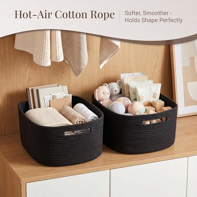 4-Pack Large Woven Rope Storage Baskets, 2 Sizes Organizer Bins | Fabric Cube Boxes and Rectangular Shallow Bins for Closet, Shelf, Bookshelf, Nursery, Changing Table, Bathroom, Toys & Home