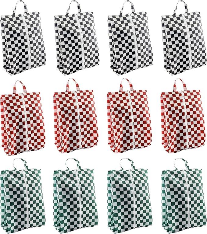 Travel Shoe Bags, Set of 12, Large Oxford Fabric Storage Bags with Zipper and Handle, Water-Resistant Pouches (Checkerboard)