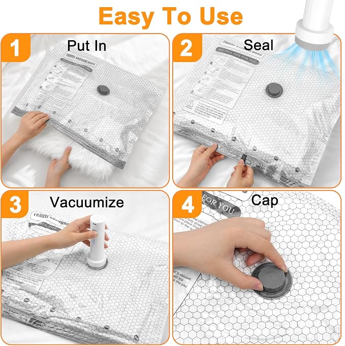 16 Pack Travel Vacuum Bags with Pump | Vacuum Seal Bags for Clothing Travel, Vacuum Storage Bags with Cordless USB Pump, PA+PE Zipper for Space Saver for Home