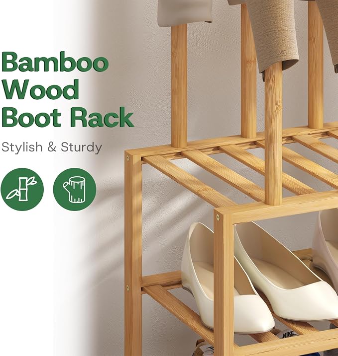 kiplant Small Boot Rack Organizer Tall Boots- 4 Pair Boot Rack Bamboo Wood Shoe Rack for Entryway & Closet, Holds Tall Boots
