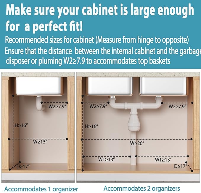 Liuoud Under Sink Organizer 2 Pack, 2 Tier Slide Out Large Capacity Height Adjustable Under Sink Organizers and Storage for Kitchen Bathroom Cabinet, Grey