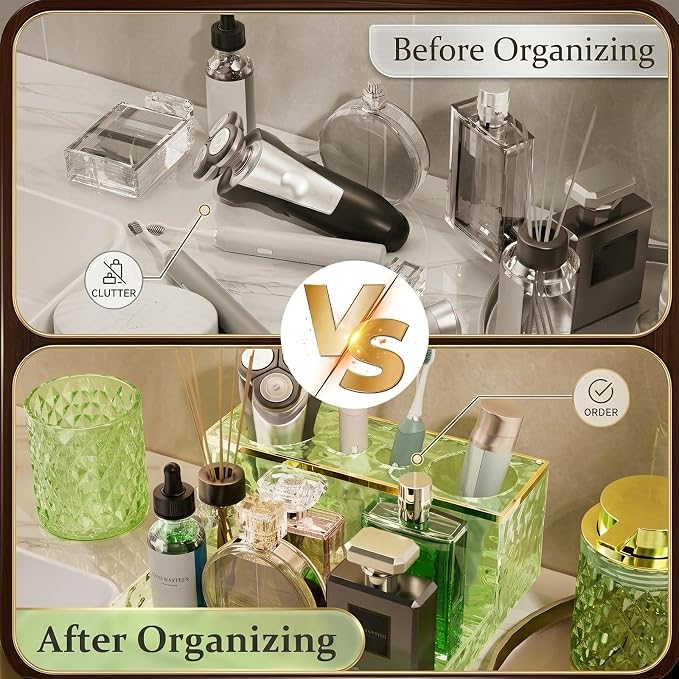 Glass Bathroom Accessories Set 5Pcs Crystal - Foaming Soap Dispenser, Soap Dish, Cup, Acrylic Toothbrush Holder with Tray Organizer, Qtip Jar, Bathroom Counter Set Sink Decor (Green)