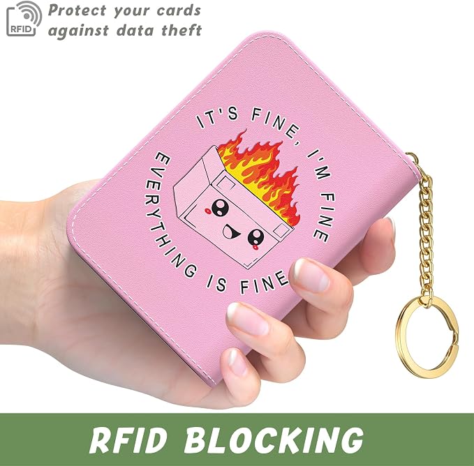 Aiawoxc Credit Card Holder, Small RFID Wallet Slim Leather Card Organizer Case with Zipper and Keychain, Pink Cute Dumpster
