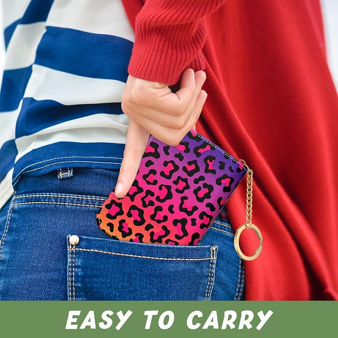 Aiawoxc Credit Card Holder, Small RFID Wallet Slim Leather Card Organizer Case with Zipper and Keychain, Colorful Leopard Print
