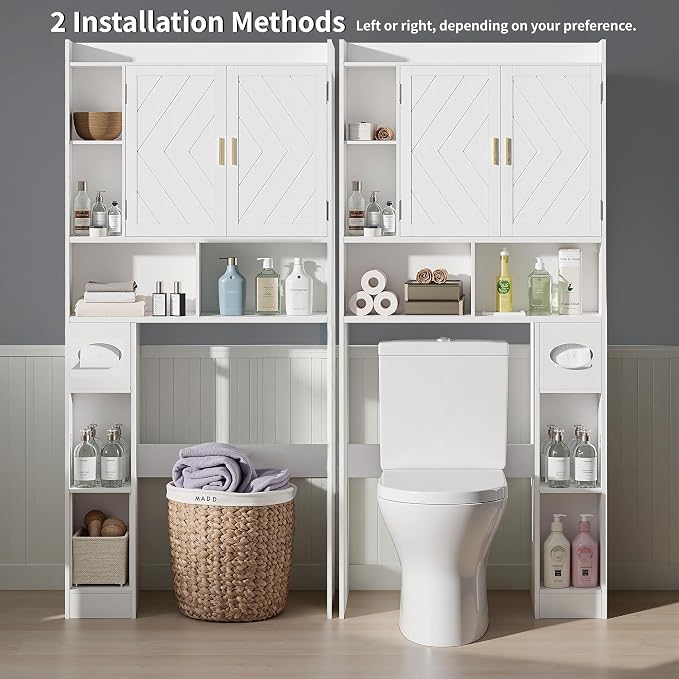 VECELO Over The Toilet Storage Cabinet, Storage Cabinet Over Toilet with Adjustable Shelves & Toilet Paper Holder Stand, Home Space-Saving Toilet Storage, for Bathroom, Restroom, Laundry, White