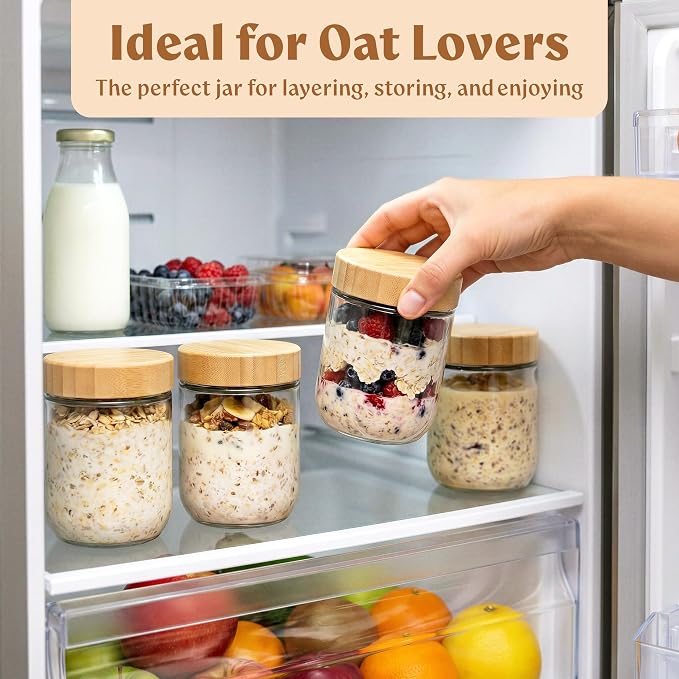 EDELHAUS Overnight Oats Containers with Lids Bamboo (4 x 16oz) Glass Jars for Oatmeal, Meal Prep, Food Storage | Leak-Proof Mason Jars for Oats, Cereal, Yogurt, Chia Pudding [Thicker Glass 3mm]