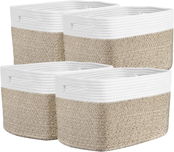 Storage Baskets for Organizing, 14 x 10 x 9” Closet Shelf Woven Baskets, Square Bins with Handles, Cotton Rope Basket for Clothes, Office, Room, White+Rice Brown 4 Pack