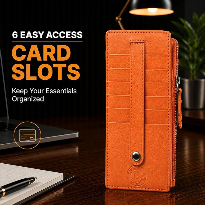 Leatherboss All in One Card Case Holder Slim Wallet With a Card Protection Strap (Orange)