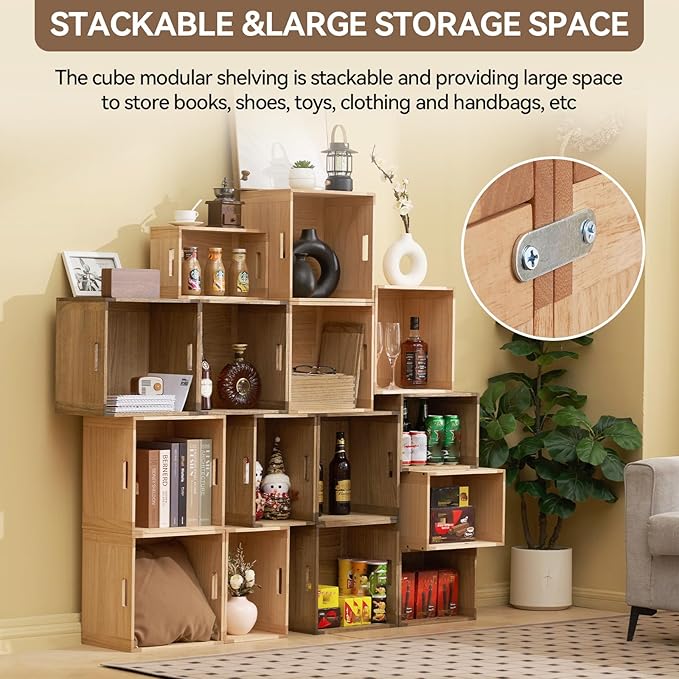 KIRIGEN Stackable Wood Storage Cube with Handles, Open Crate Bin, Brown | Wooden Box and Open Front ,Stackable for Books, Clothes, and Closet Storage, Assembly Required, 14.17 x 14.17 x 10.31 Inch