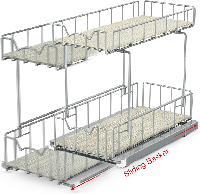 Simple Houseware 2-Tier Spice Rack Slide Out Wire Basket Drawer, Silver | 2-Tier Spice Rack Slide Out Wire Basket Drawer Organizer