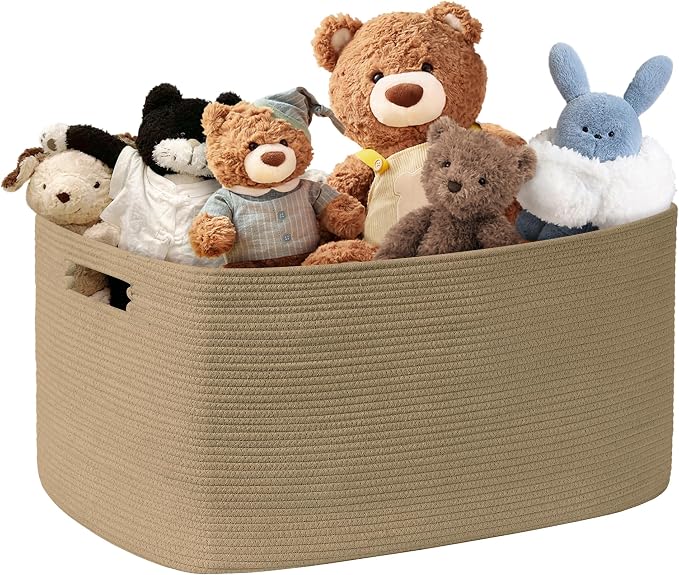 60L Woven Laundry Basket Hamper with Handles, Jute | 21"x15"x11", collapsible wicker hamper, storage for dirty clothes, toys, blankets, gifts, living room, bedroom, bathroom