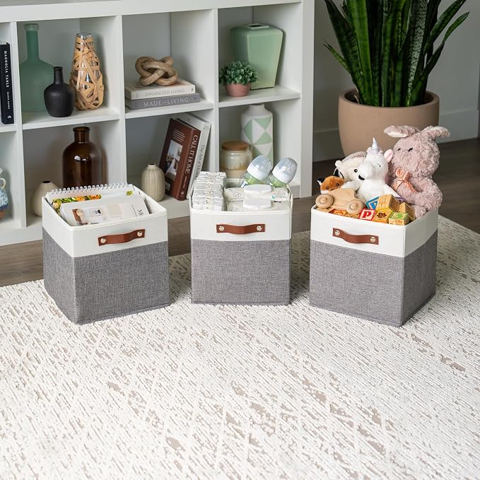 OrganiHaus 11x11 Cube Storage Bins, Set of 4 - Fabric Storage Cubes | Sturdy, holds its shape; odor-free; fits ClosetMaid 11-inch shelves; vegan leather handles