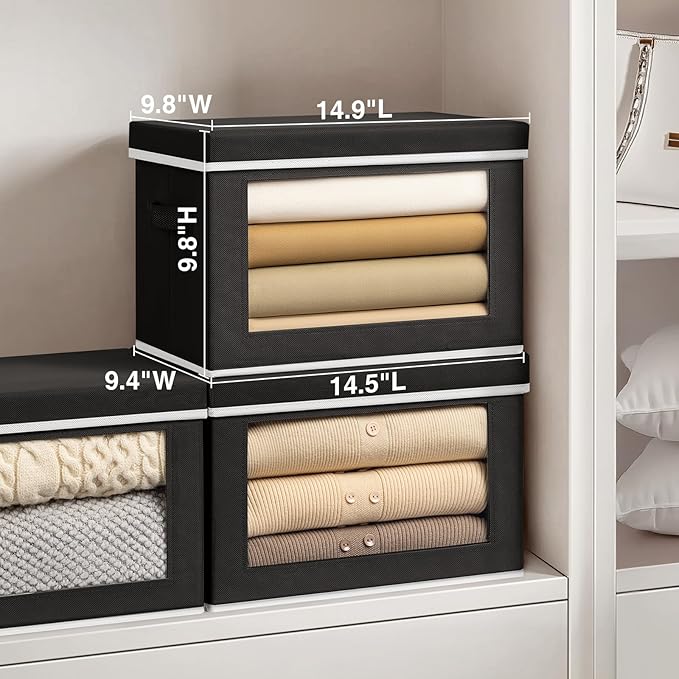 Homsorout Storage Boxes with Lids, Collapsible Storage Bins with Handles, Closet Storage Baskets with Window, Fabric Storage Containers for Organizing Clothes, Towels, Books, 3 Packs, Black