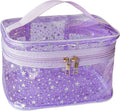 Star Print Purple PVC Makeup Bag with Handle - 8.66 * 5.51 * 5.51 inch,Clear Storage Bag Toiletry Pocket Portable Zippered Pouch Waterproof Cosmetic Organizer Bags for Women (Purple-L)