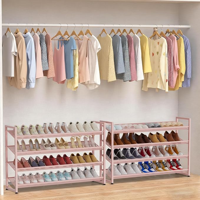 Large Shoe Rack 8 Tier Shoe Organizer, Heavy Duty Metal 4-Tier Stackable Shoe Storage Vertical Shoe Rack for Closet Front Door Entrance, Up to 50 Pairs, 44.8" W x 11.4" D x 56.7" H, Pink