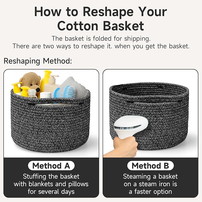 Small Rope Baskets for Storage, Baskets for Gifts Empty, Cute Round Woven Basket, Decorative Shelf Baskets 9.82×9.82×7.1", Cotton Toy Basket Storage Bins for Organizer 3 Packs Black