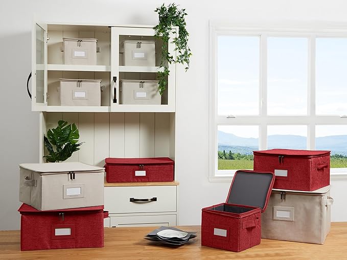Covermates Dish Storage Box – China & Dinner Plate Storage Container with Dual Zippers, Reinforced Handles, ID Window & Stackable Structured Walls for Dishware Organization, Red Heather