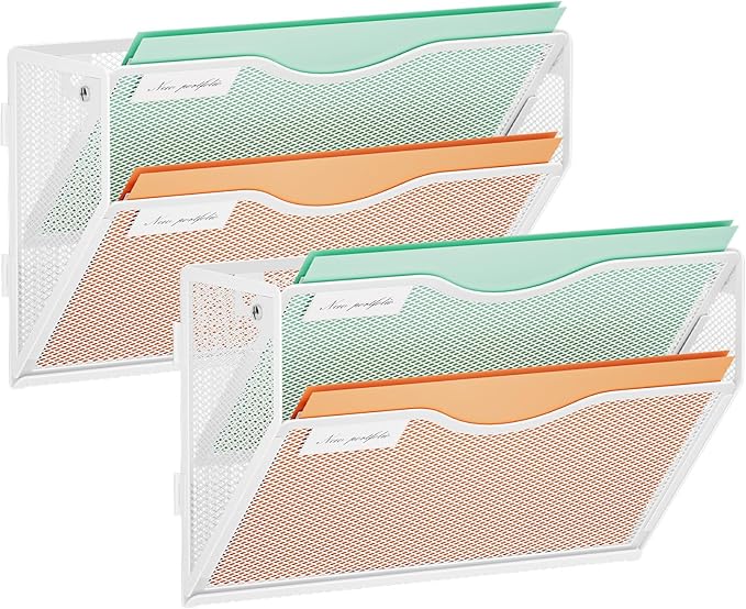 Marbrasse Wall File Holder 2-Tier Hanging Wall File Organizer, Mesh Mail Holder for Papers, Wall Mount File Clipboard & Magazine Organizer Great for Office Home - 2P(White)
