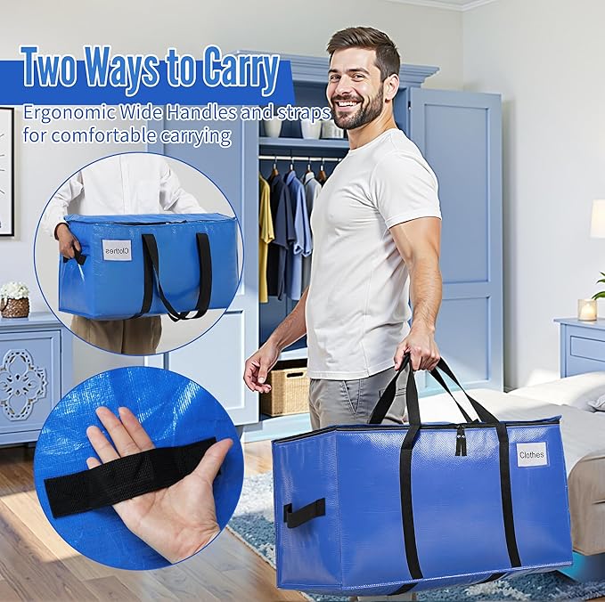 BAGAIL Heavy Duty Moving Bags with Strong Handle, Extra Large Moving Boxes, Storage Tote for Clothes, College Moving Supplies(Blue, 6 Pack)