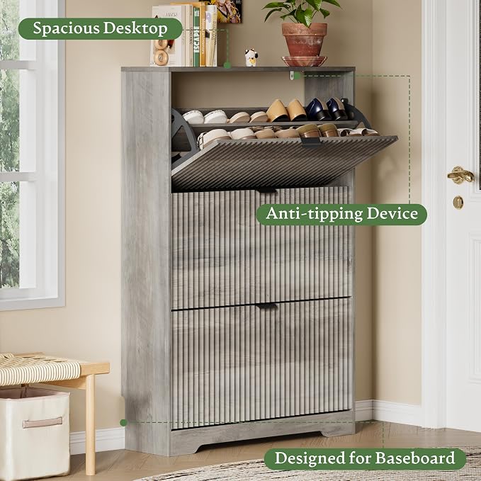 Xixini Shoe Storage Cabinet for Entryway with 3 Flip Drawers, Hidden Slim Wood Shoe Organizer with Modern Fluted Panel, Freestanding Narrow Shoe Rack for Front Door Entrance, Hallway, Foyer, Grey
