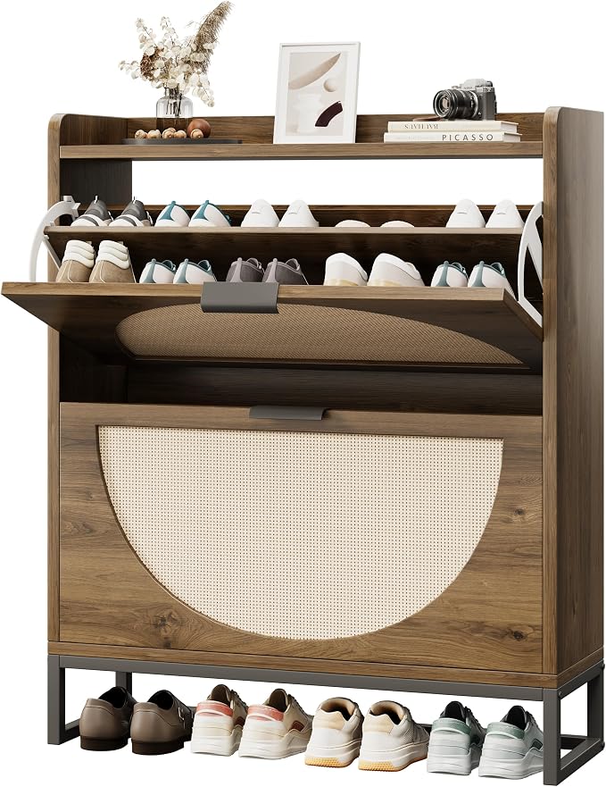 Flip Drawer Shoe Cabinet, Slim Narrow Entryway Storage Furniture with Hidden Flip-Open Organizer, Engineered Wood & Veneer Construction, Hallway Living Room Foyer, 2 Drawer, Oak