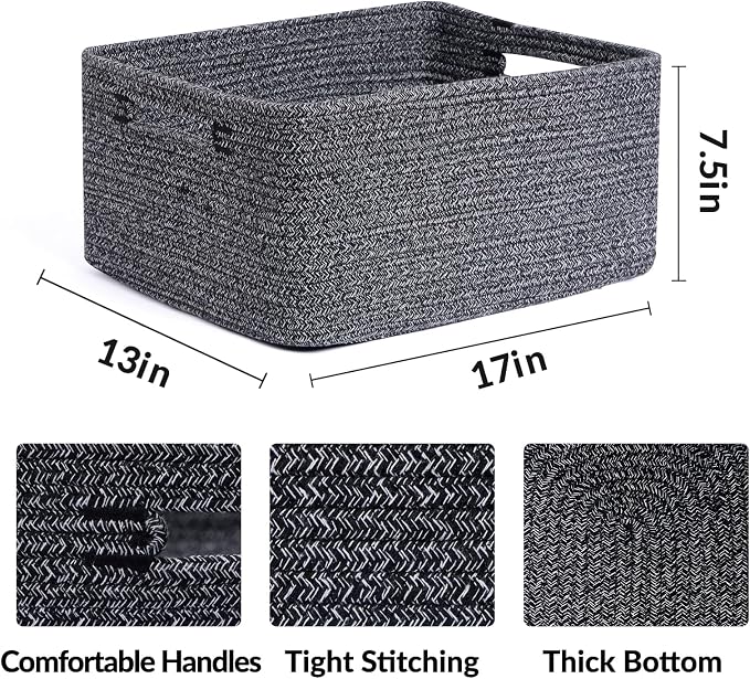 MiniArk Large Storage Baskets for Organizing, 17 x 13 x 7.5” Closet Shelf Baskets for Clothes Blanket Towels, Baby Nursery, Toy Bins Box, Woven Rope Baskets, 4 Packs Dark Gray