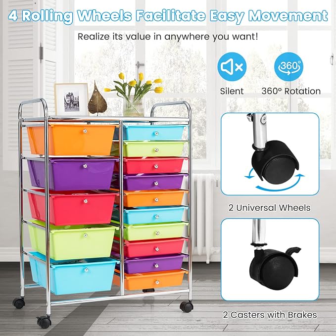 COSTWAY 15 Drawer Rolling Storage Cart, Mobile Storage Organizer | Removable Drawers & Metal Frame, Multipurpose Utility Tools Paper Organizer on Wheels for Home, Office (Multi-color)