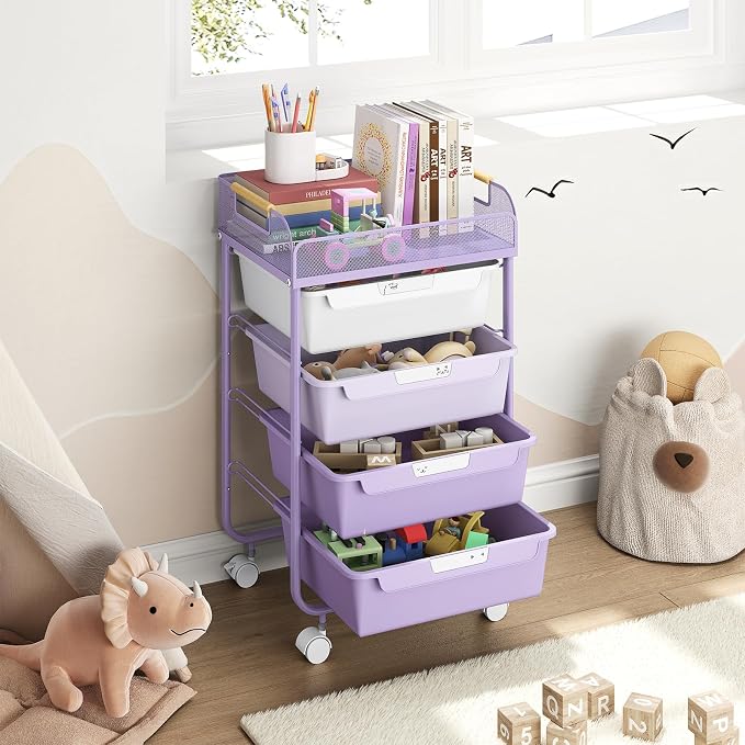 SYKIARIOL 4-Drawer Rolling Storage Cart with Mesh Top, Utility Craft Organizer Cart on Wheels with DIY Labels, Rolling Drawer Cart for Home Office Classroom Bedroom, Purple