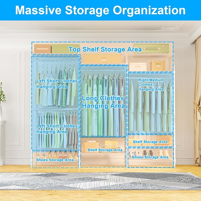 Ulif E13C Heavy Duty Closet Organizer System，Freestanding Clothing Racks for Hanging Clothes，Adjustable Garment Rack 63" W x 16" D x 77" H Hold 960 lbs，White Clothing Rack with Black Dustproof Cover