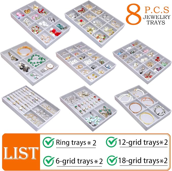 Set of 8 Stackable Jewelry Organizer X-Large Velvet Jewellry Trays Jewelryy Drawer Inserts, Earring Ring Brooch Necklace Bracelet Watch Display Plate with Removable Dividers