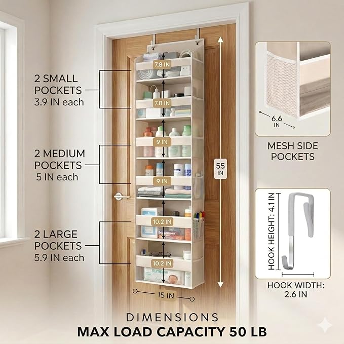 HOMELUX THEORY UPGRADED 6 Tiers Over The Door Organizer Hanging - 100D EXTRA THICK & 50lbs HUGE CAPACITY, 12 Side Mesh Pockets Over The Door Shoe Organizer, Hanging Closet Organizer (Ivory, 2pc)
