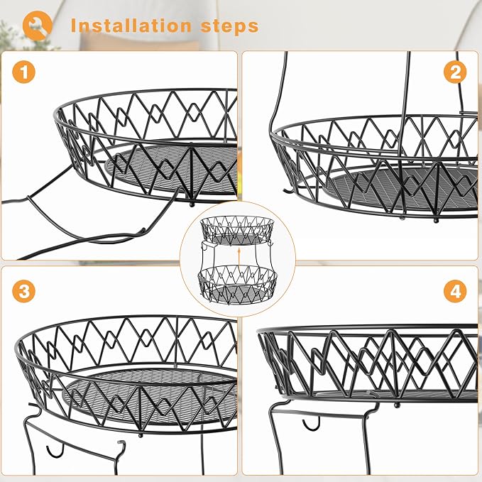 2 Tier Fruit Basket for Kitchen Counter with 2 Banana Hangers,Black Round | 2-Tier Fruit Basket Bowl Stackable Vegetable Storage for Kitchen Countertop, Metal Wire Basket for Bread Onions Potatoes