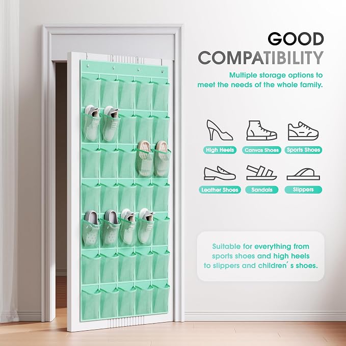 WVM Over the Door Shoe Organizer with 35 Breathable Mesh Pockets, Hanging Shoe Organizer for Door with 4 Metal Hooks, Large Capacity Closet Storage for Shoes, Accessories