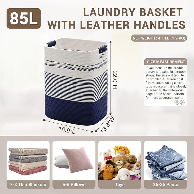85L Tall Woven Laundry Basket Hamper with Leather Handles,Navy | 17"x14"x22", collapsible wicker hamper, storage for dirty clothes, toys, blankets, gifts, living room, bedroom, bathroom
