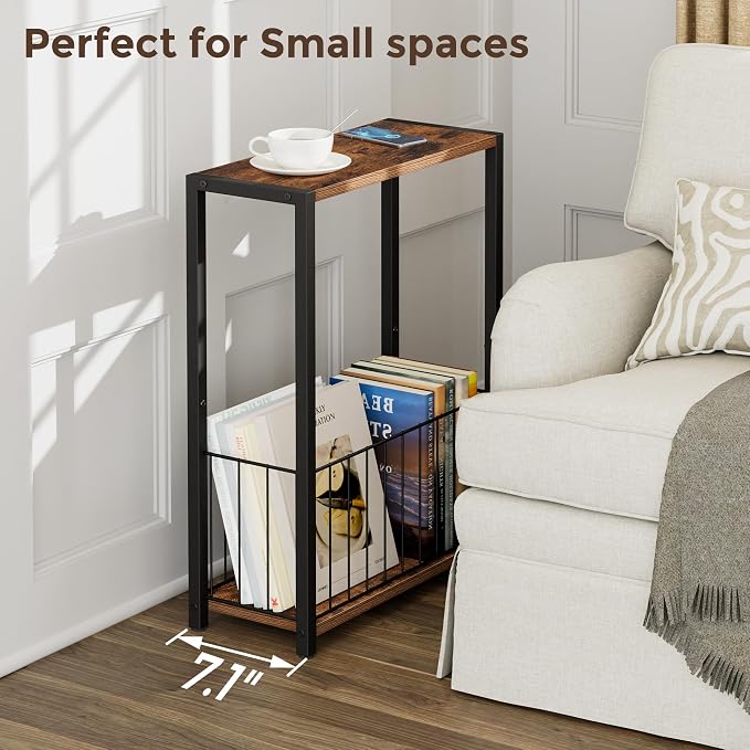 Homleke Narrow Side Tables Set of 2 with Magazine Holder, Skinny End Tables | Space-Saving Design, Small Spaces, Storage Shelf, Metal Frame, Easy Assembly, 7.1" D x 16.9" W x 23.6" H, Rustic Brown
