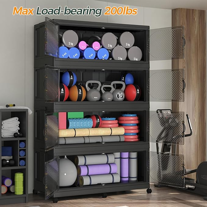 180Gal/720QT 3-Tiers Extra Large Stackable Storage Bins with Lid, Collapsible Cabinet Closet Organizer Plastic Container Box with Wheels Doors Drawers for Office Dorm Kitchen Office, Black
