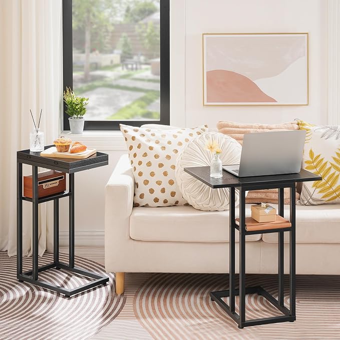 HOOBRO Foldable C Shaped End Table, C Shaped Side Table with Storage Shelf, Small Snack Table, Slide Under Couch Table for Sofa, Living Room Bedroom Small Spaces Easy Assembly, Black BK29SF01