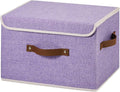 Collapsible Storage Boxes Baskets with Lid Cotton Linen Fabric Storage Bins with Faux Leather Handles Decor Washable Cube Organizer Container for Home Closet Bedroom (Purple, Large Size)