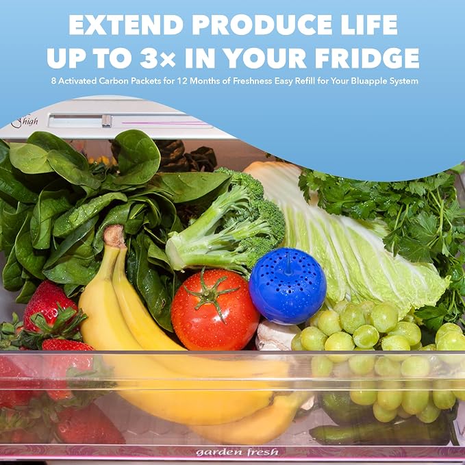Bluapple Produce Saver Ethylene Gas Absorber with Activated Carbon, 1 Year Supply, Keeps Fresh Fruits & Vegetables Longer - Produce Saver for Kitchen - 8-Packets, 13g Total (Active Formula + Carbon)