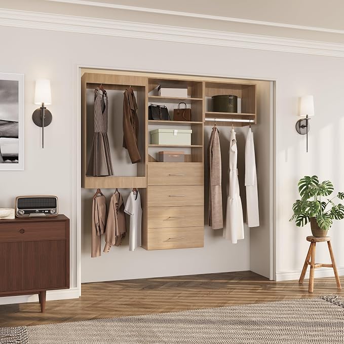 ROOMTEC Modular Closet System, 90" Wall Mounted Closet Organizer with Hanging Rods and Drawers, Modern Wooden Tower for Walk-In Closets, Wardrobe Storage Kit, Wood