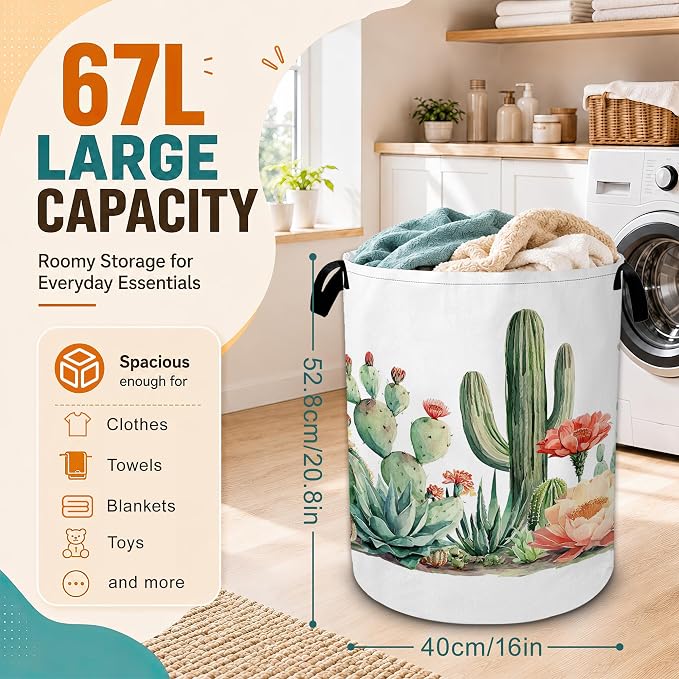 Cactus Succulent Laundry Basket,Greenery Flower Foldable Oxford Laundry Hamper with Handles,Collapsible Clothes Storage Basket for Bedroom,Bathroom,or Laundry Room,20.8 x 16 Inches
