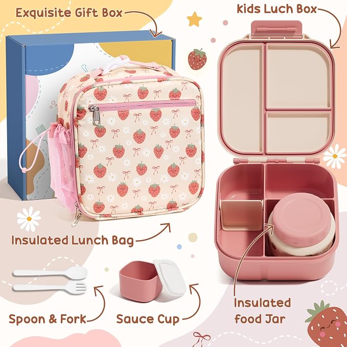 Fimibuke Kids Bento Lunch Box w/ 8.5oz Thermo Food Jar, Insulated Lunch Bag | Leak Proof 3-4 Compartments 60oz Toddler Lunch Food Container with Utensils, Sauce Cup for School Boys Girls, Dishwasher Safe