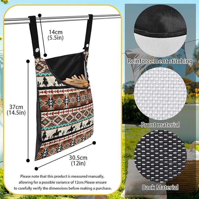 Aztec Tribal Print Clothespin Organizer Bag Hanging Laundry Bag Portable Clothespin Storage with Hanger Hook 2 Ropes for Hanging and Effortlessly Sliding on Clothesline